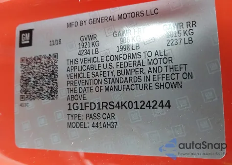 2019 Chevrolet Camaro 3Lt z USA, uszkodzony, nr VIN 1G1FD1RS4K0124244